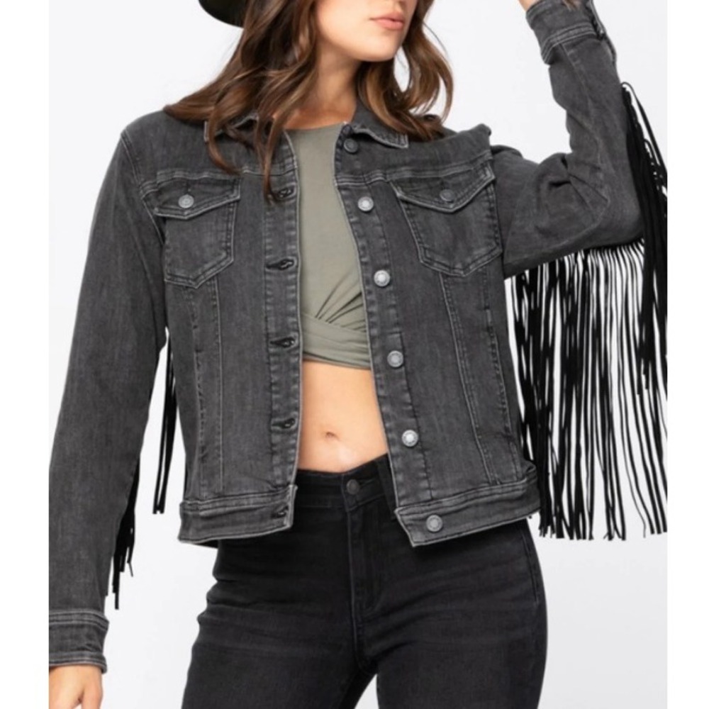 Judy Blue Women's Black Fringe Denim Cropped Jacket Size S NWT